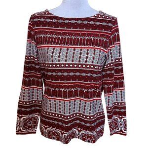Christopher Banks Bohemian Long Sleeve Top Womens Sz S  Embellished Red White